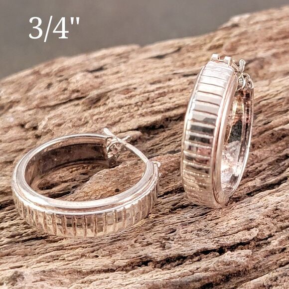 Sterling Italy Grooved Ridges Hoop Earrings - Picture 1 of 8